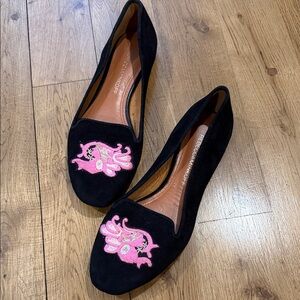 New Rebecca Minkoff Black Loafers with Pink Embroidery 6M